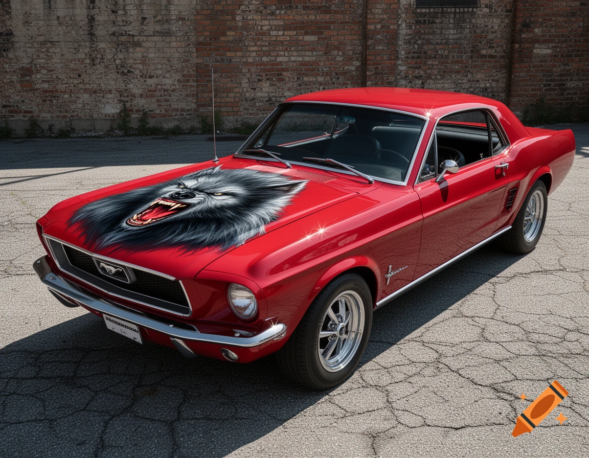 Red 1968 Ford Mustang with a fierce werewolf graphic on the hood, parked on cracked asphalt in front of a brick wall.