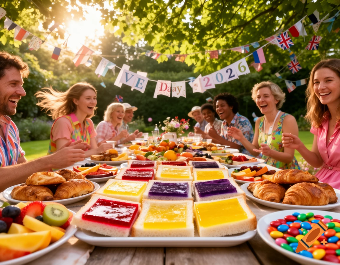 A diverse group of smiling people enjoy an outdoor picnic with jelly sandwiches, fruit, and croissants, under a banner reading 'VE Day 2026'.