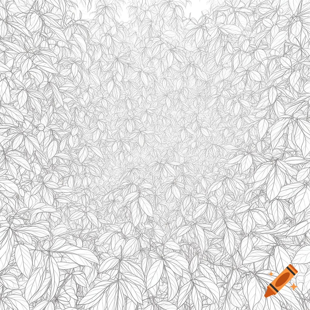 A monochromatic line drawing of densely packed leaves, filling the entire frame and fading towards a bright center.