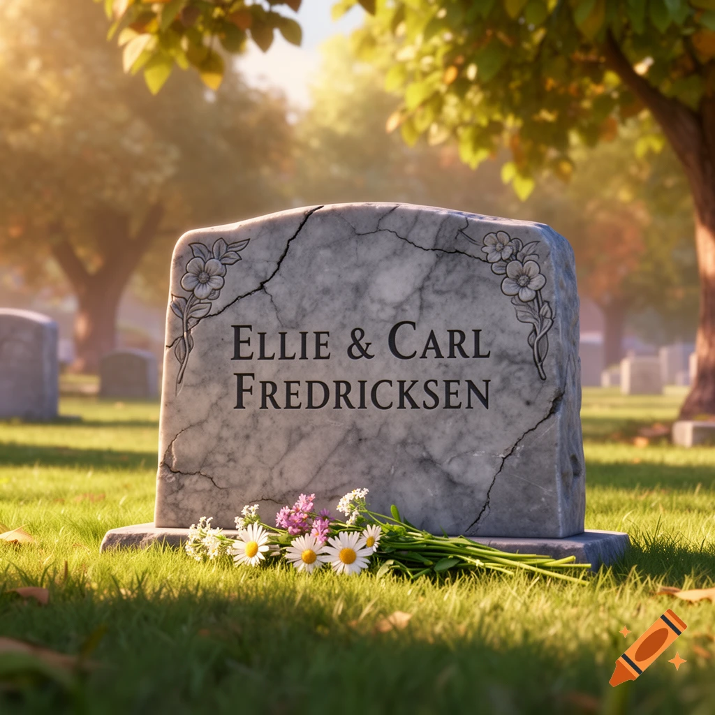 An animated gravestone for Ellie and Carl Fredricksen, covered in cracks and adorned with a bouquet of colorful wildflowers in a sunny cemetery.