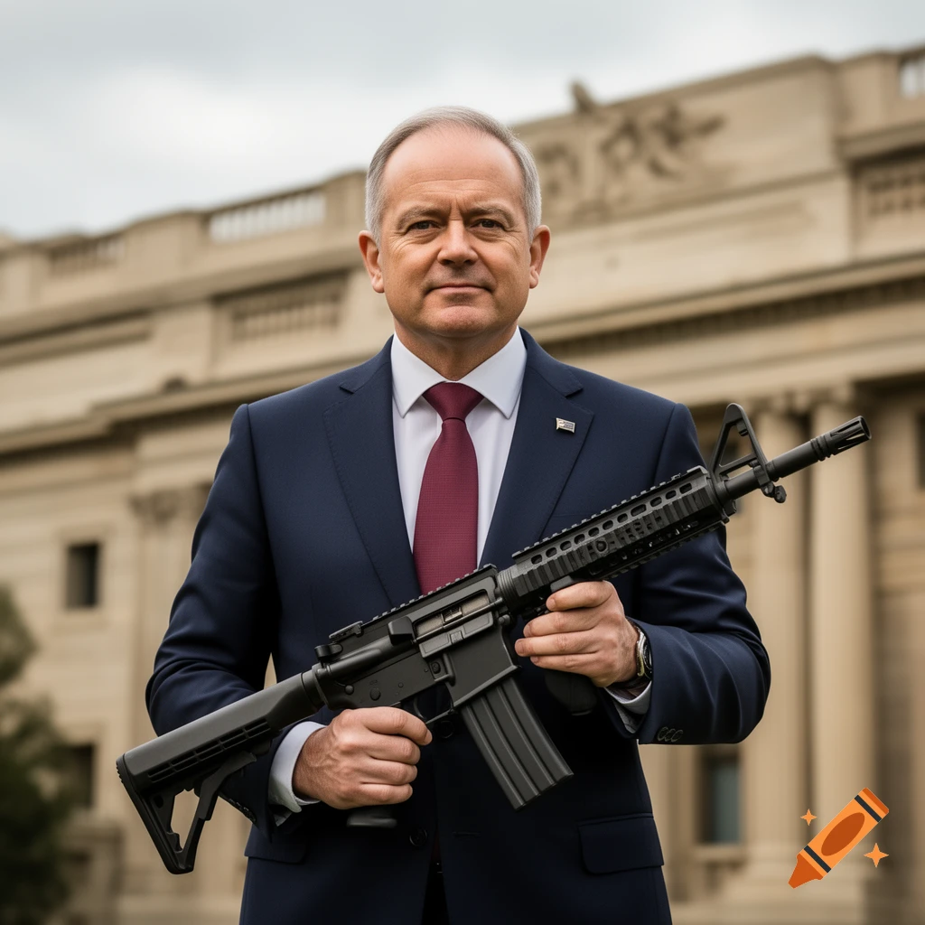 A man in a dark suit and red tie holds an AR-15 rifle against a backdrop of a large, classical building, in a photorealistic style.