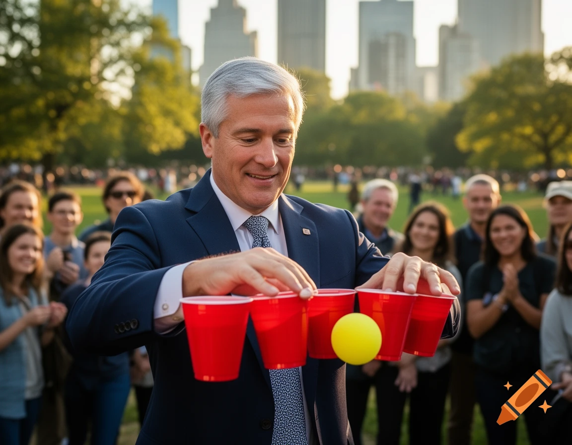 A smiling man in a suit plays a cup and ball game with red cups and a yellow ball in a sunny park, with a crowd and city skyline.