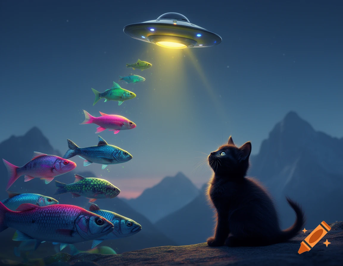 A black kitten watches a UFO abduct colorful fish with a yellow beam over mountains at night.