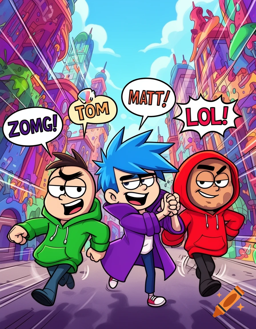 Three cartoon boys in hoodies run and laugh in a vibrant, colorful city street with speech bubbles saying 'ZOMG!', 'TOM', 'MATT!', and 'LOL!'. Animated style.