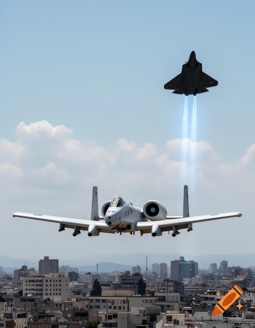 A white A-10 Thunderbolt II Warthog flies low over a city as a dark F-22 Raptor ascends with blue exhaust trails above it, under a clear sky.