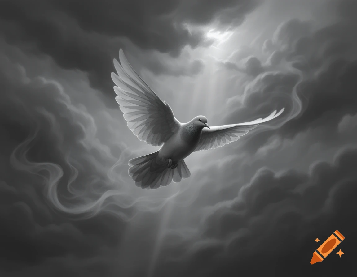 A white dove with outstretched wings soars through dark, dramatic clouds, illuminated by light rays from above, in grayscale.