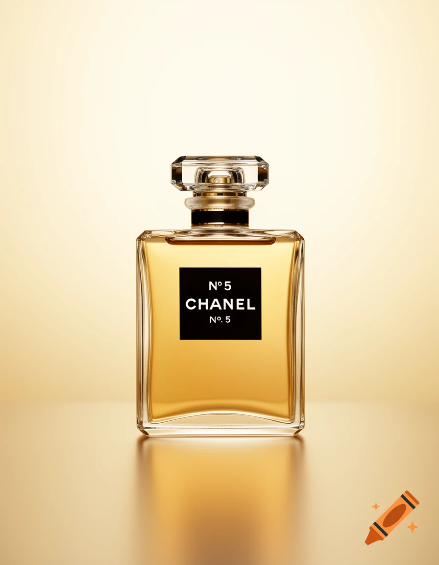 A classic Chanel No. 5 perfume bottle with gold liquid and a clear faceted cap, set on a reflective gold surface.