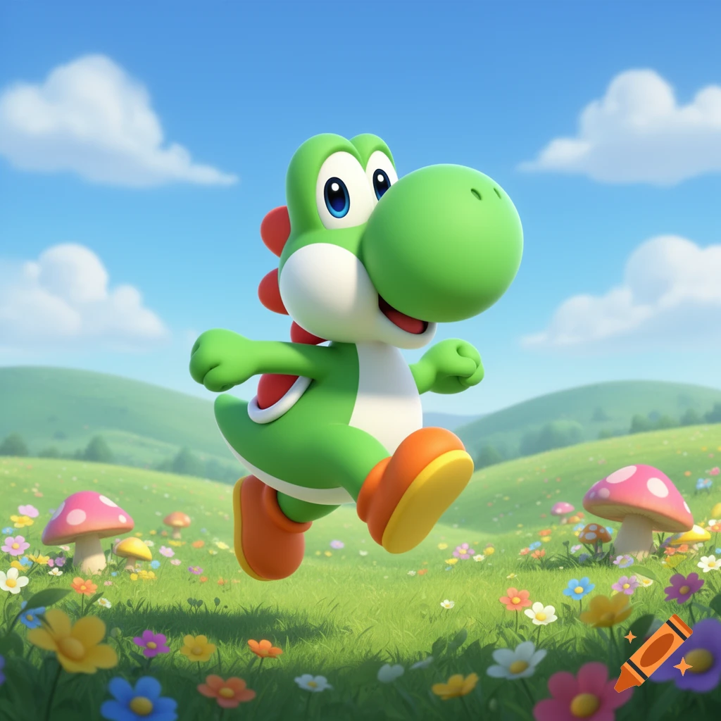 Yoshi, the green dinosaur, joyfully runs through a vibrant, flowery meadow under a sunny blue sky.