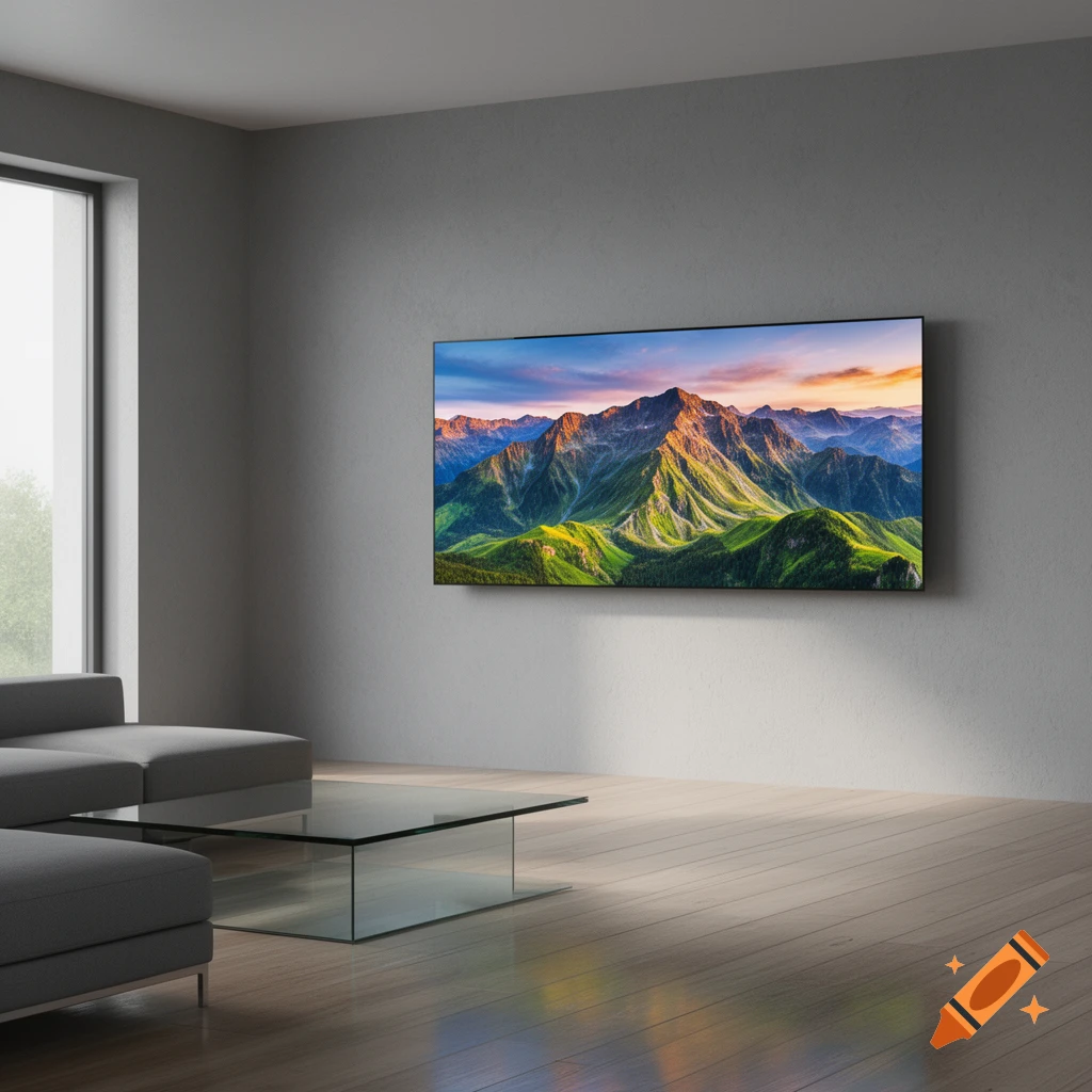 A modern living room with a large flat-screen TV on a gray wall showing a vibrant mountain landscape, a gray sofa, and a glass coffee table.