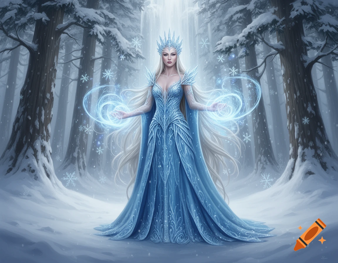 A majestic ice queen with long platinum hair and a sparkling blue gown casts glowing icy magic in a snow-covered forest.