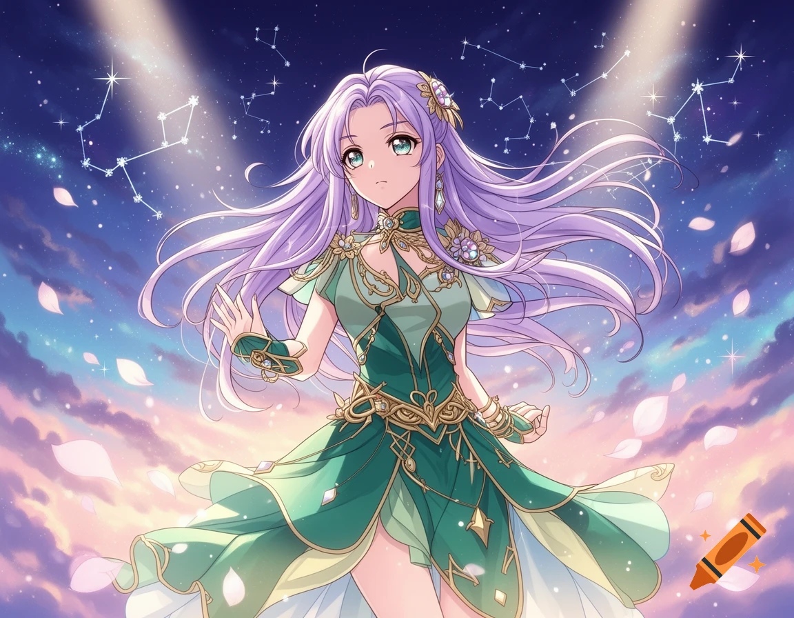 An anime girl with long purple hair in a green fantasy dress stands under a starry sky with constellations and floating petals.