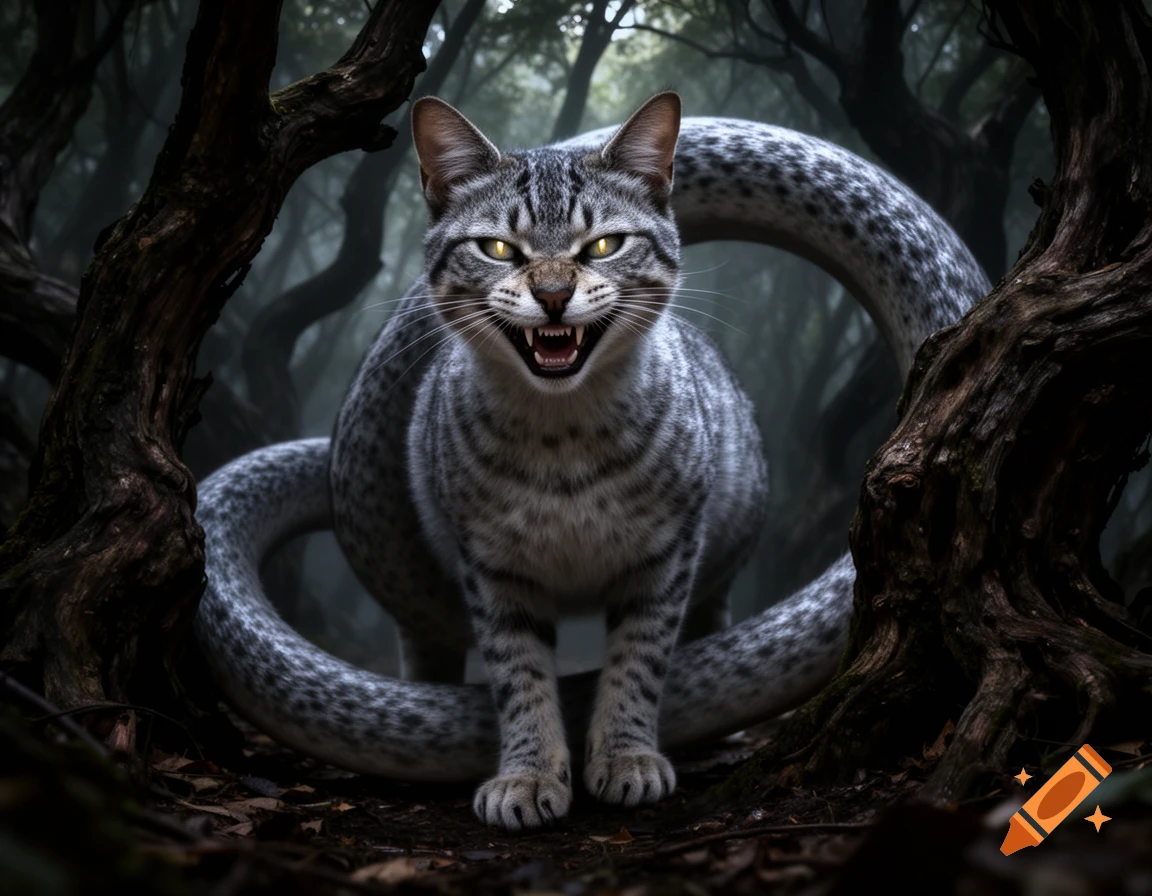A snarling gray tabby cat-like creature with a long snake body wrapped around dark trees in a misty forest, looking menacing.