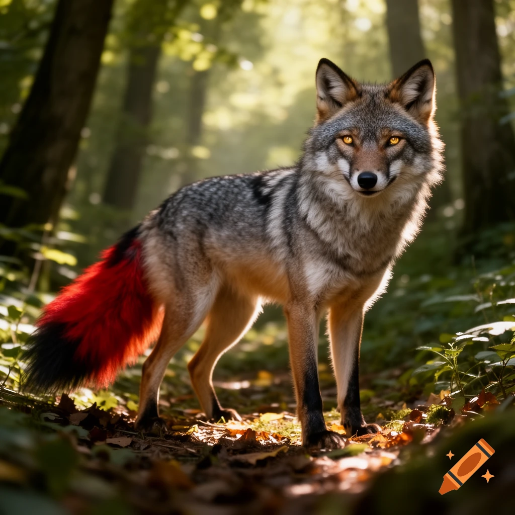 A photorealistic wolf-like creature with a vibrant red tail and glowing yellow eyes stands in a sunlit forest.