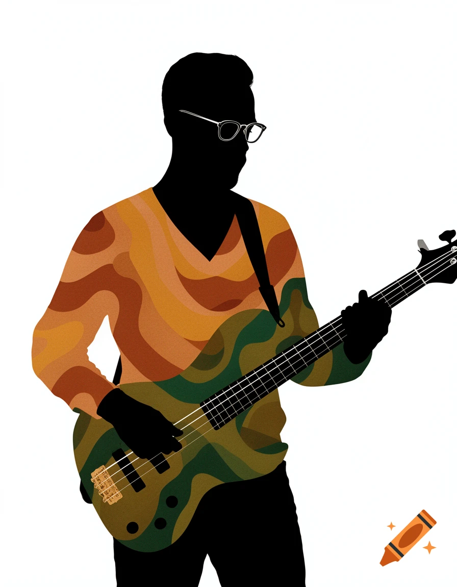 A man's black silhouette wearing glasses, playing a bass guitar with a patterned shirt and instrument in earth tones, on a white background.
