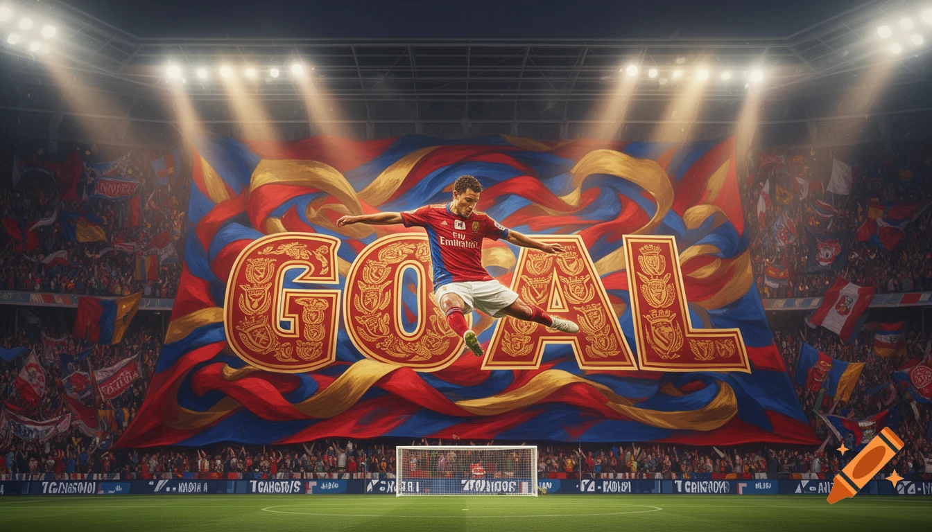 A soccer player in a red and blue jersey leaps in celebration in a stadium with a 'GOAL' banner behind him. Photorealistic.