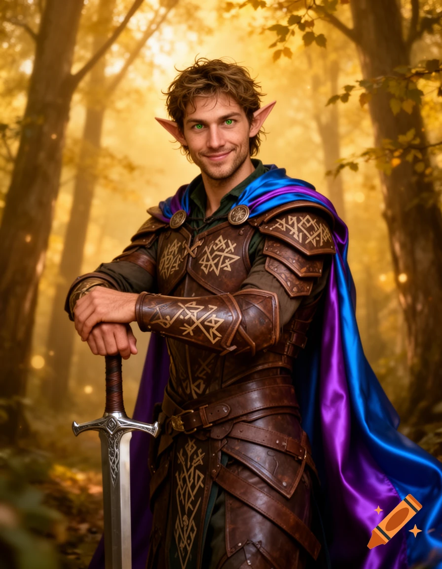 A handsome male elf with green eyes, curly brown hair, ornate leather armor, and a blue-purple cape, leaning on a sword in a golden forest.