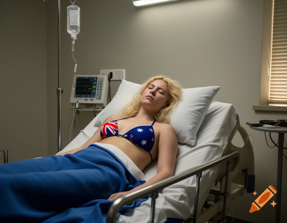 A blonde woman in an Australian flag bikini top lies with her eyes closed in a hospital bed with an IV drip.