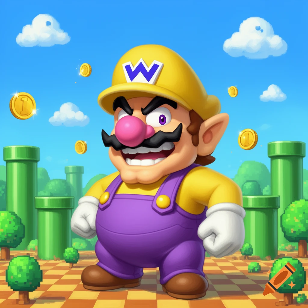 Wario stands grinning in a classic Super Mario Bros. styled landscape with floating coins and green pipes under a blue sky.