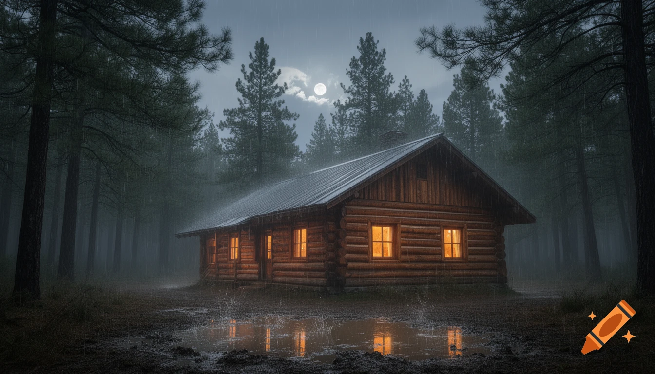 A realistic log cabin with glowing windows sits in a dense, dark pine forest during heavy rain at night, with a full moon and reflections in puddles.