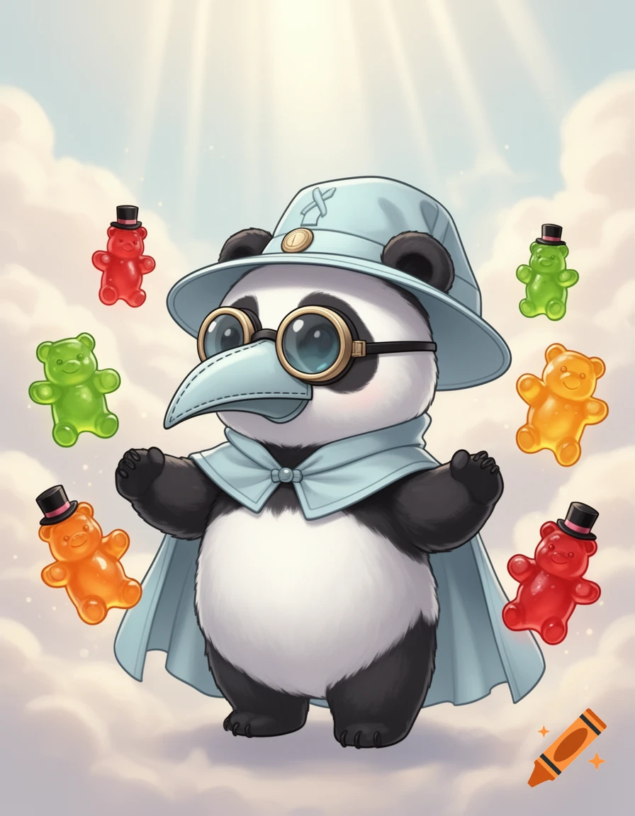 A cute cartoon panda dressed as a light blue plague doctor with round glasses, surrounded by floating colorful gummy bears in a cloudy sky.