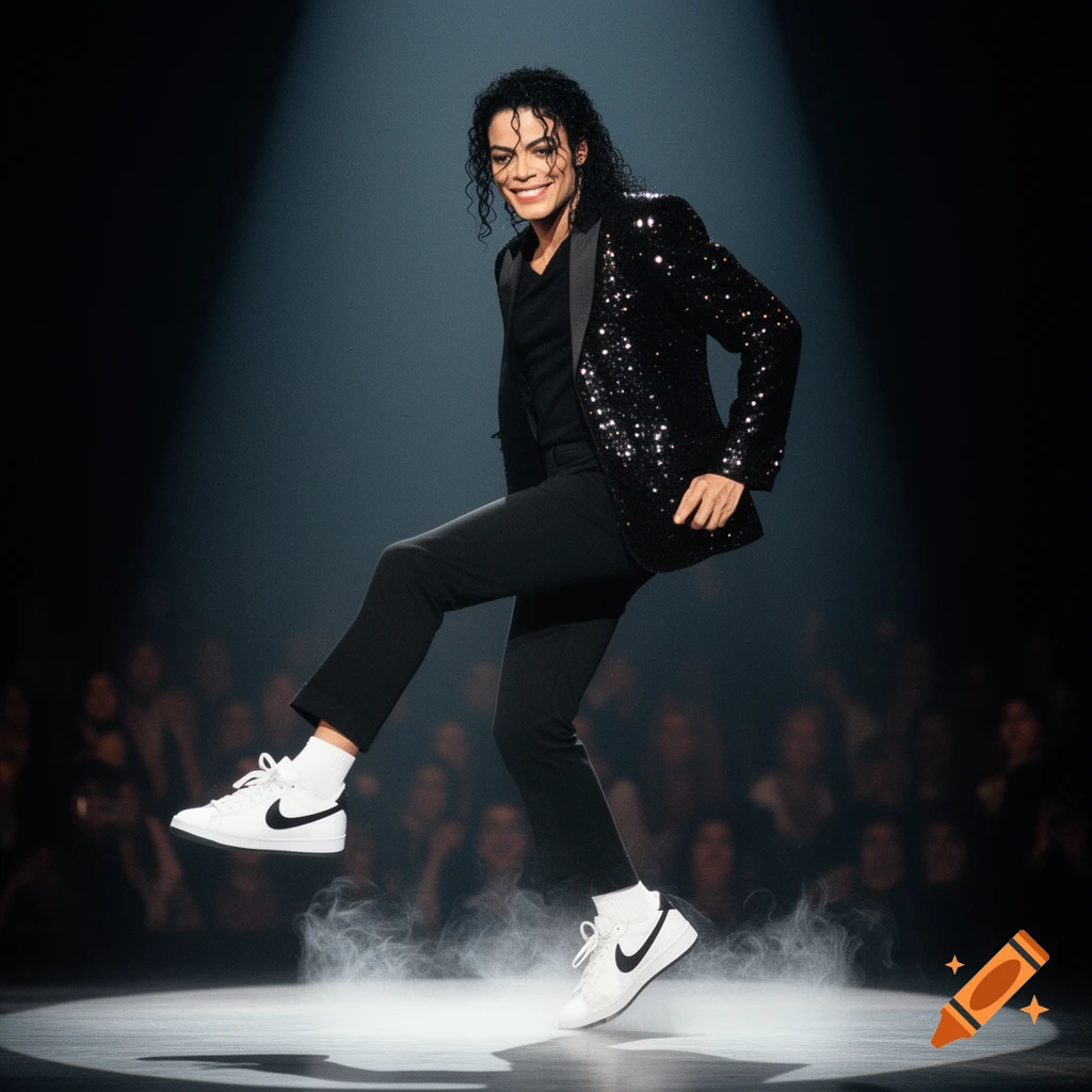 Michael Jackson dances on stage in a spotlight, wearing a black sequined jacket, black pants, white socks, and white Nike shoes, with smoke around his feet.