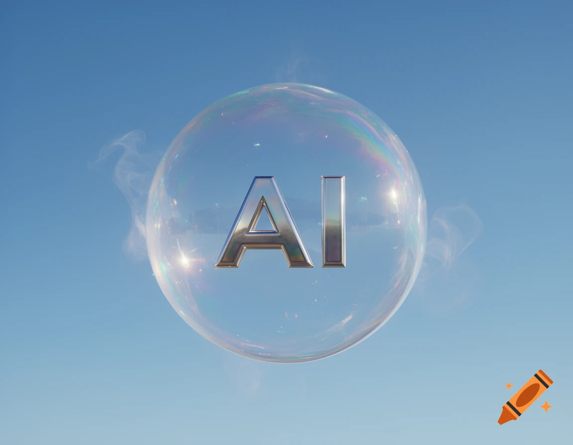 A clear bubble containing shiny silver letters 'AI' floats in a bright blue sky with wisps of white smoke.