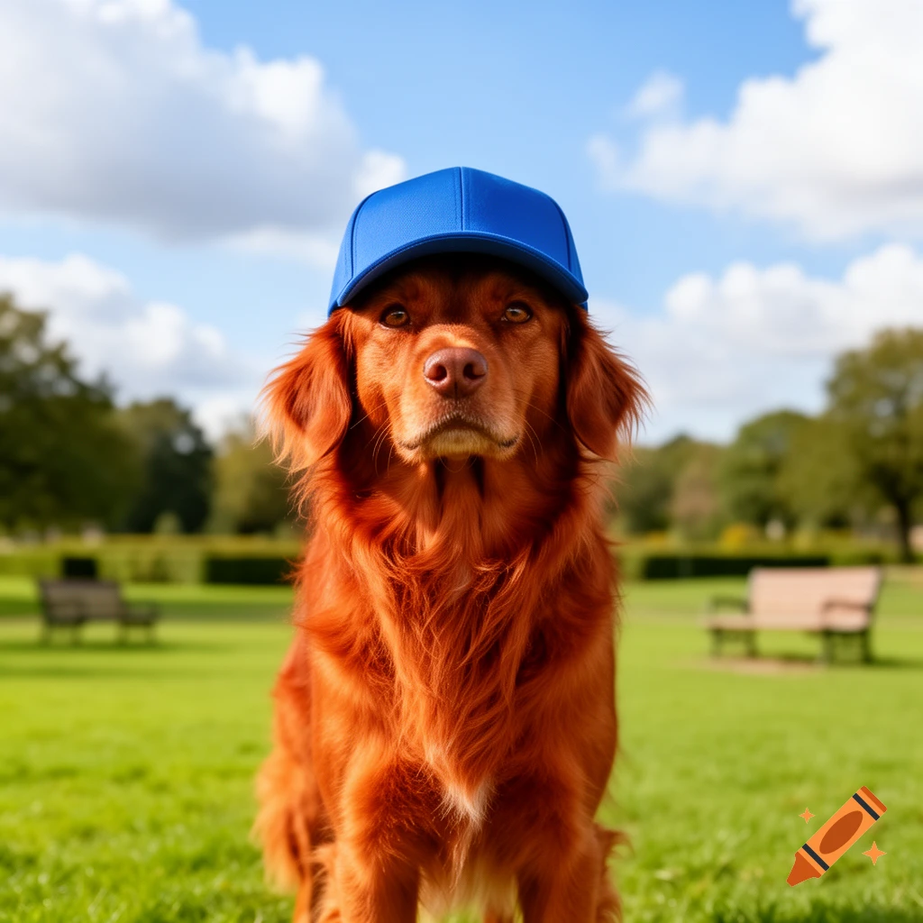 A photorealistic image of a reddish-brown dog wearing a bright blue baseball cap, sitting in a sunny green park under a blue sky.