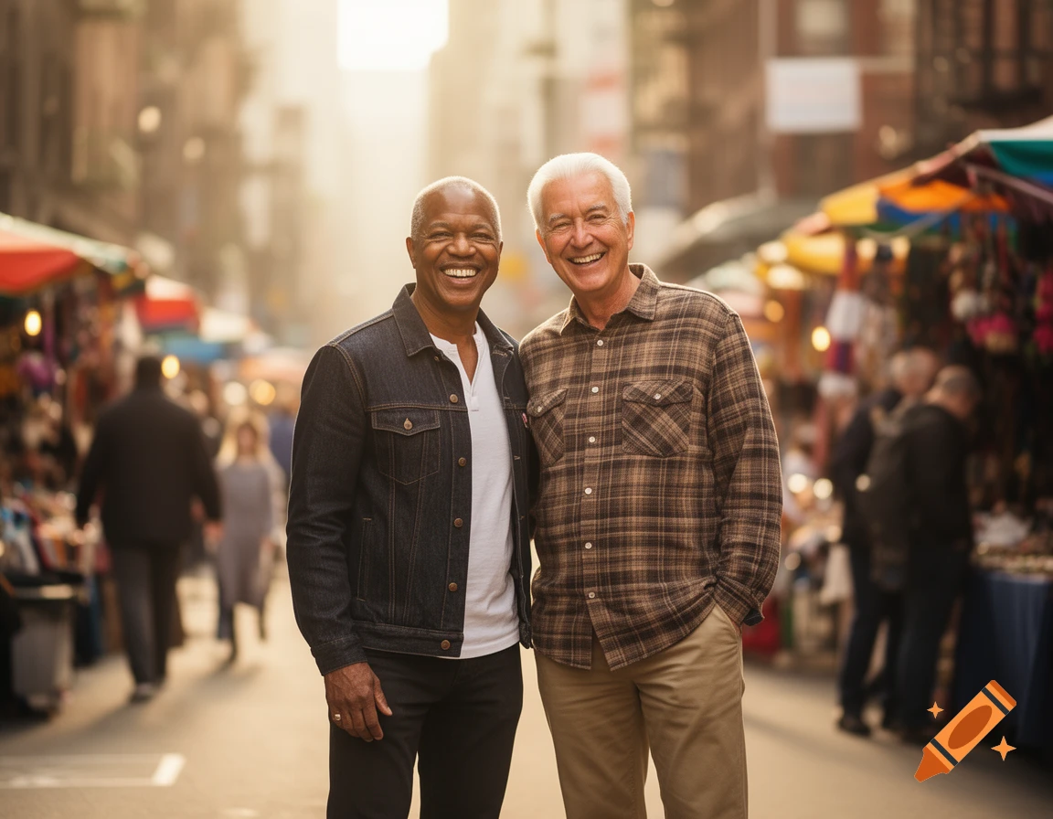 Two smiling senior men, one Black and one white, standing together on a busy, sunlit market street.