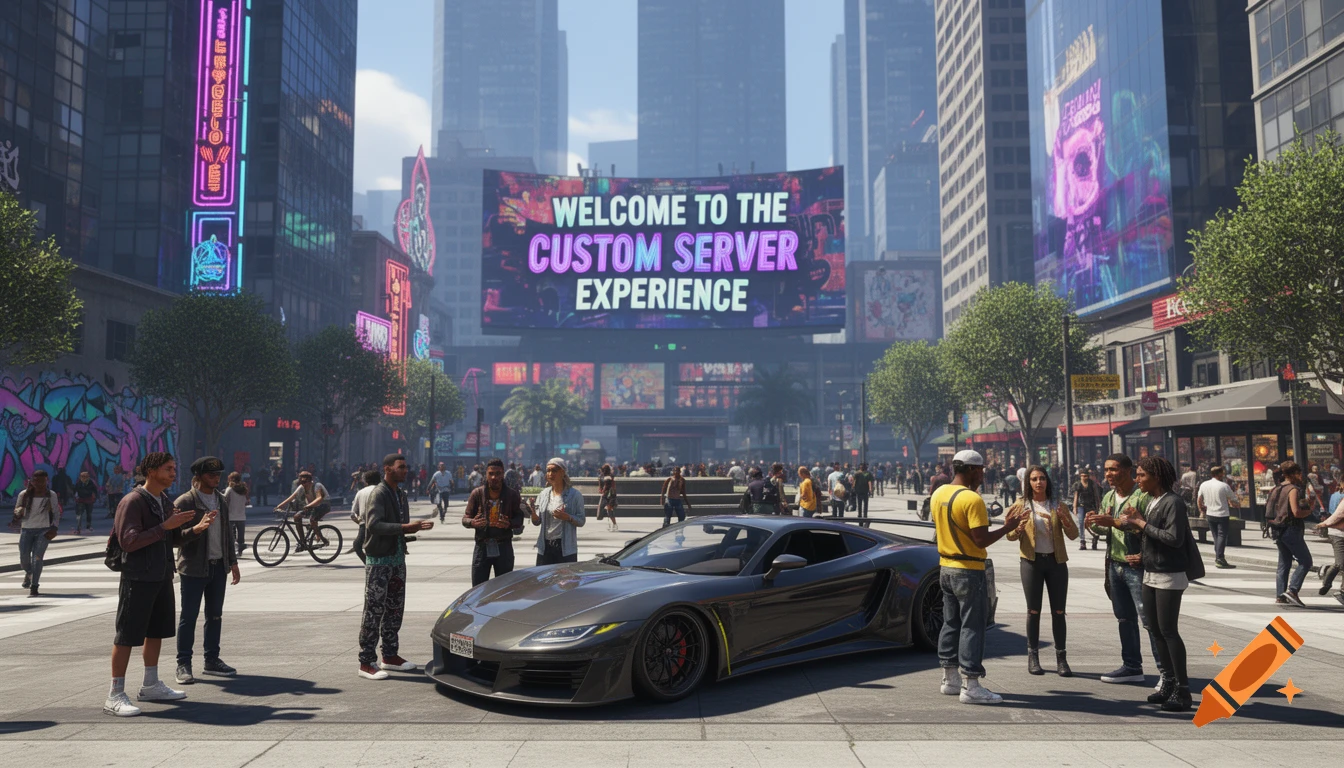 A bustling city street scene with a sleek grey sports car and diverse pedestrians. Tall buildings with neon signs and a large billboard reading 'WELCOME TO THE CUSTOM SERVER EXPERIENCE' frame the background.
