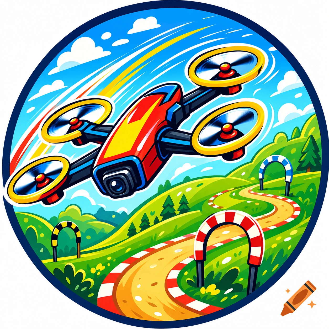A colorful cartoon logo with a red and yellow drone flying over a winding race track with striped gates on green hills under a blue sky.