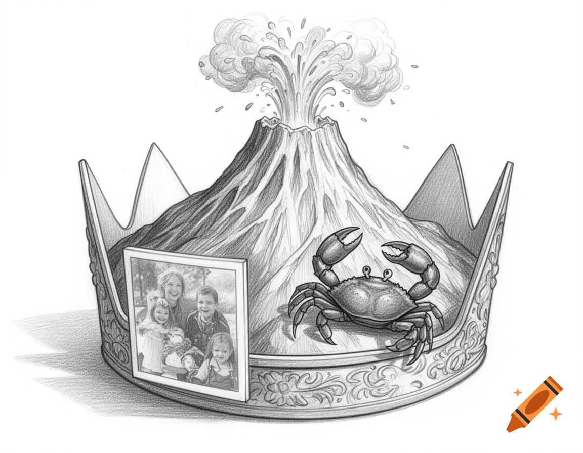 Pencil sketch of an ornate birthday crown containing an erupting volcano, a crab, and a framed photo of four smiling children.
