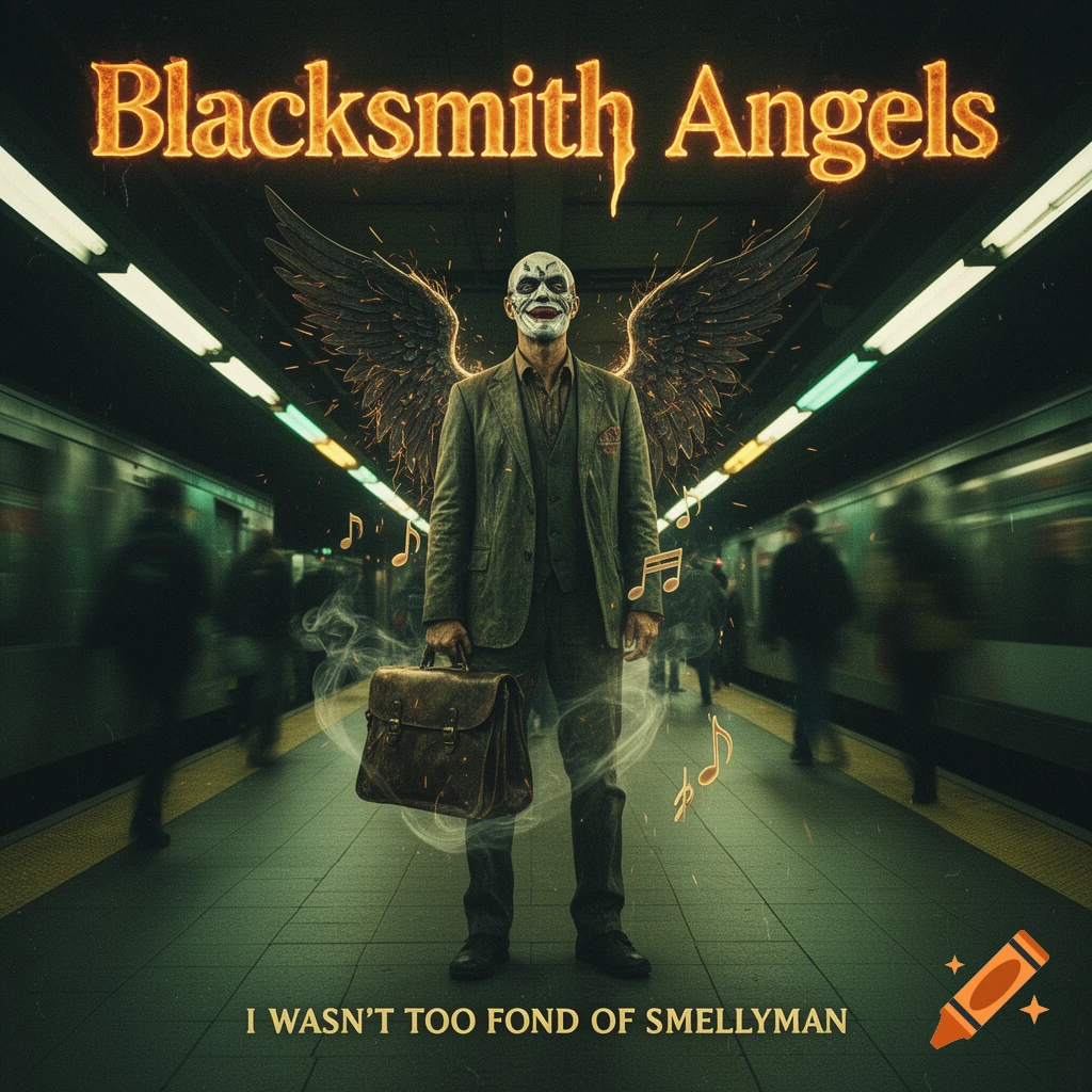 A surreal album cover features a man in a suit with clown makeup and dark wings on a subway platform, holding a briefcase. Text reads "Blacksmith Angels" and "I Wasn't Too Fond of Smellyman".