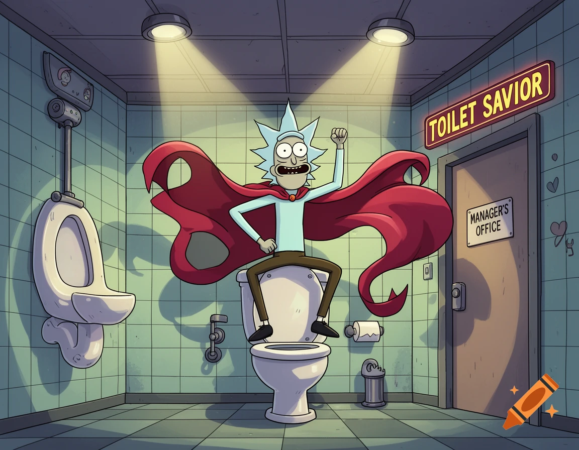 A cartoon character resembling Rick from Rick and Morty, wearing a red superhero cape, sits triumphantly on a toilet in a public restroom. Signs read "TOILET SAVIOR" and "MANAGER'S OFFICE".