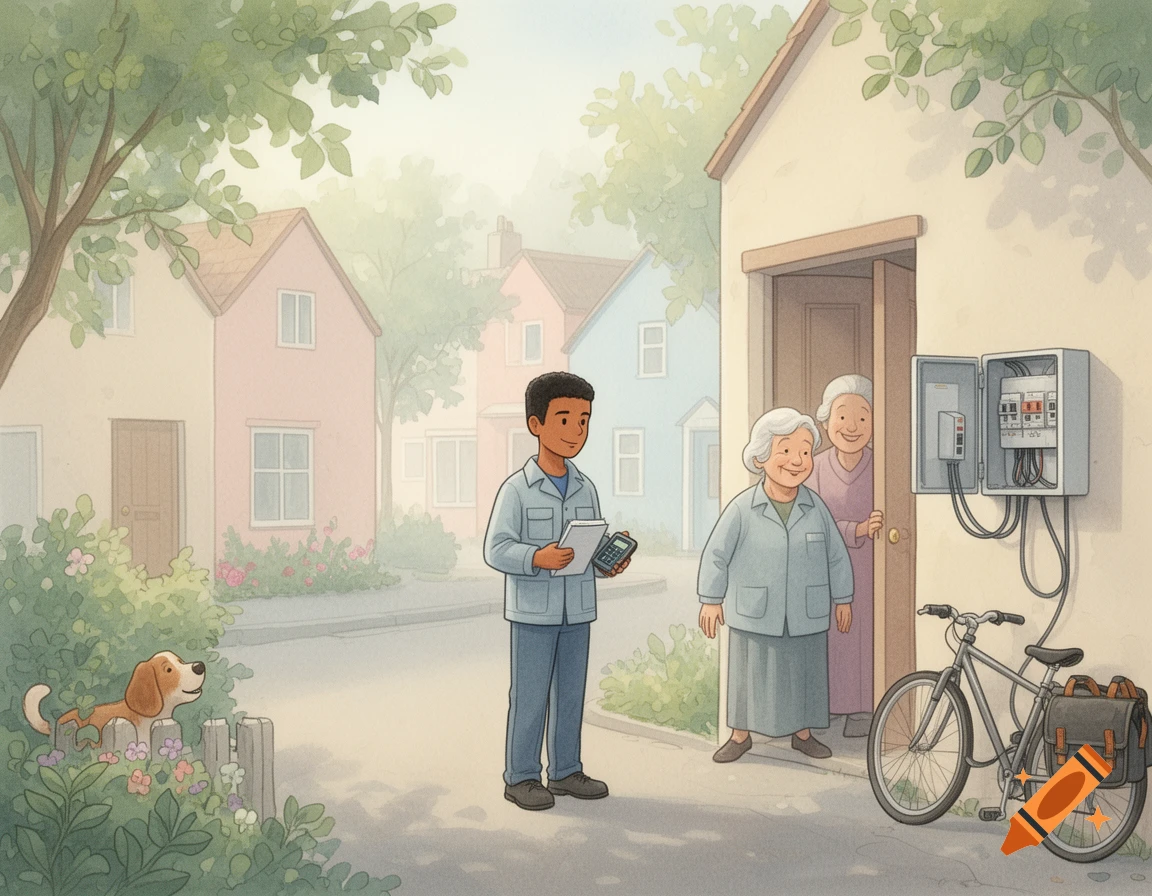 A soft watercolor illustration of a utility worker with a device and notebook, talking to two elderly women at a house entrance. A dog and a bicycle are nearby.