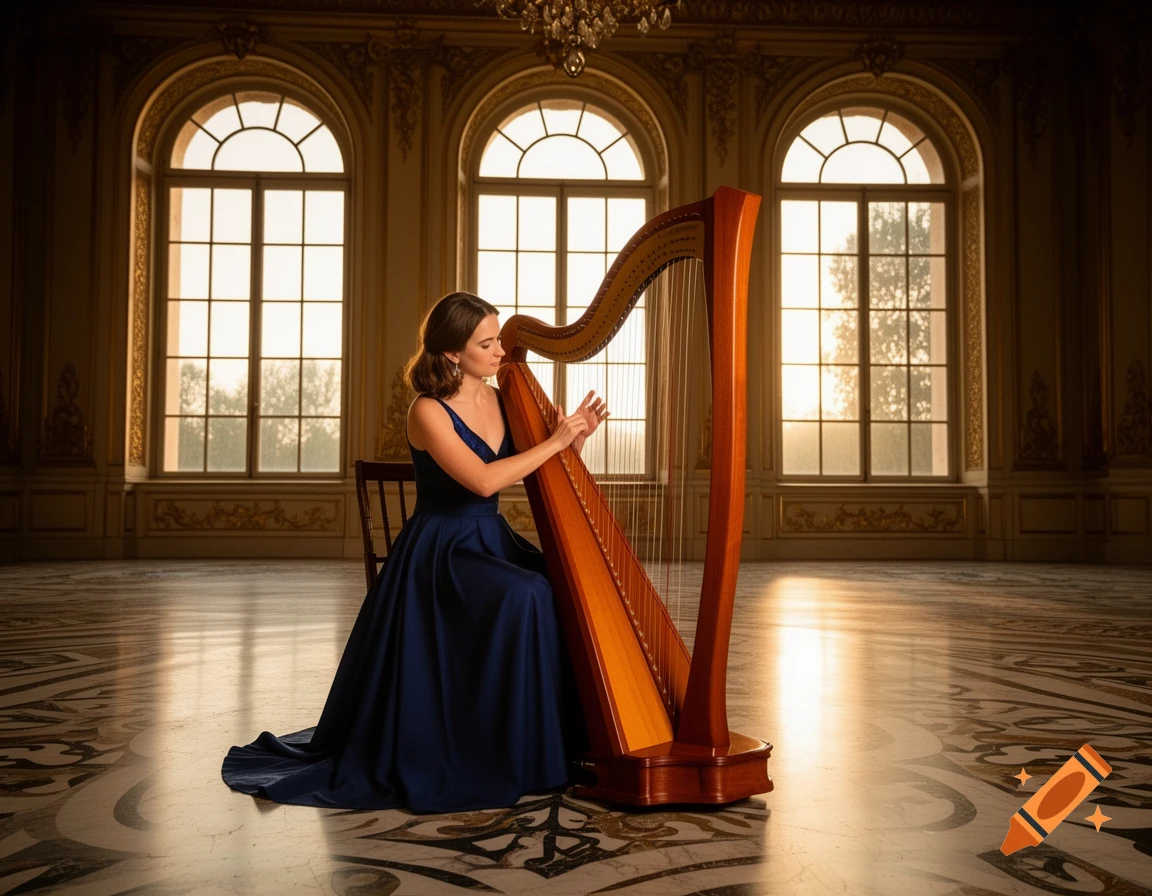 A woman in a navy dress plays a harp in a sunlit, grand hall with ornate windows and a patterned floor.