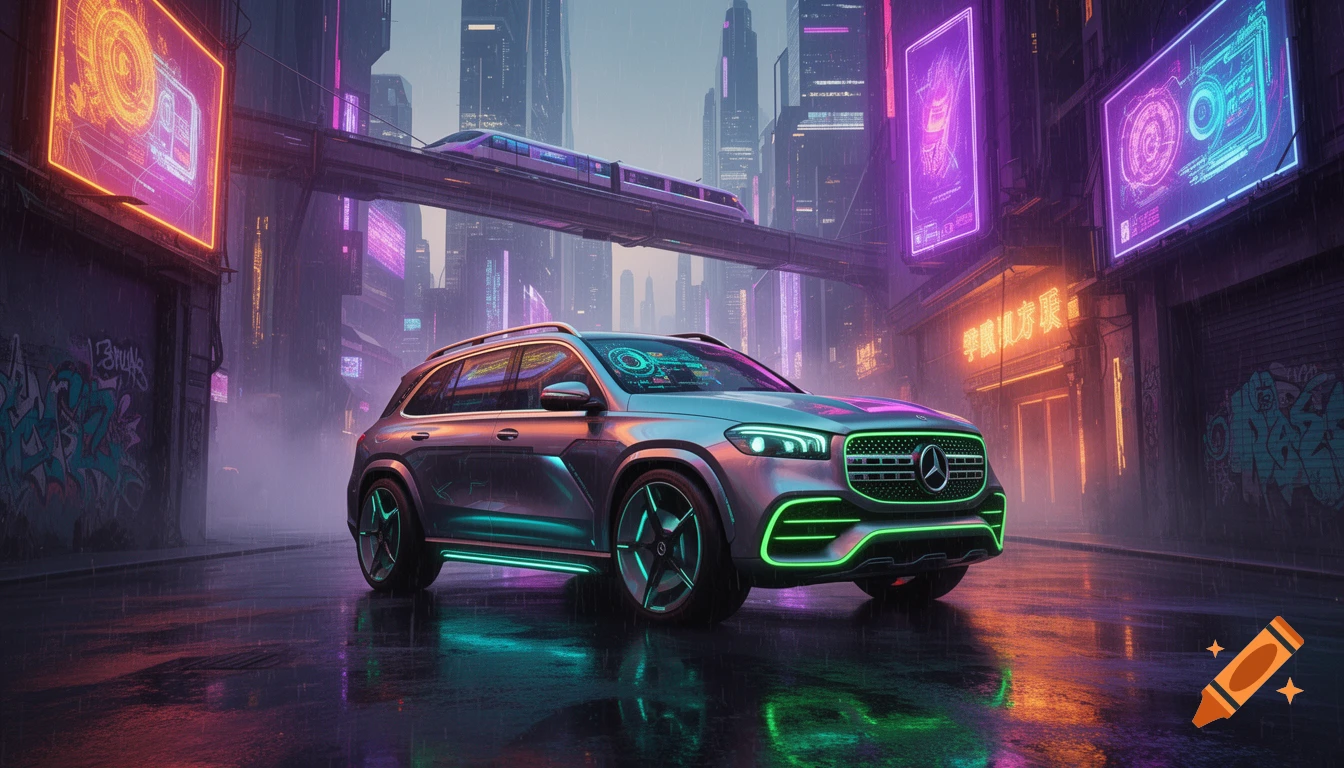 A futuristic Mercedes GLS car with neon green accents sits on a wet street in a cyberpunk city with towering buildings and glowing signs.