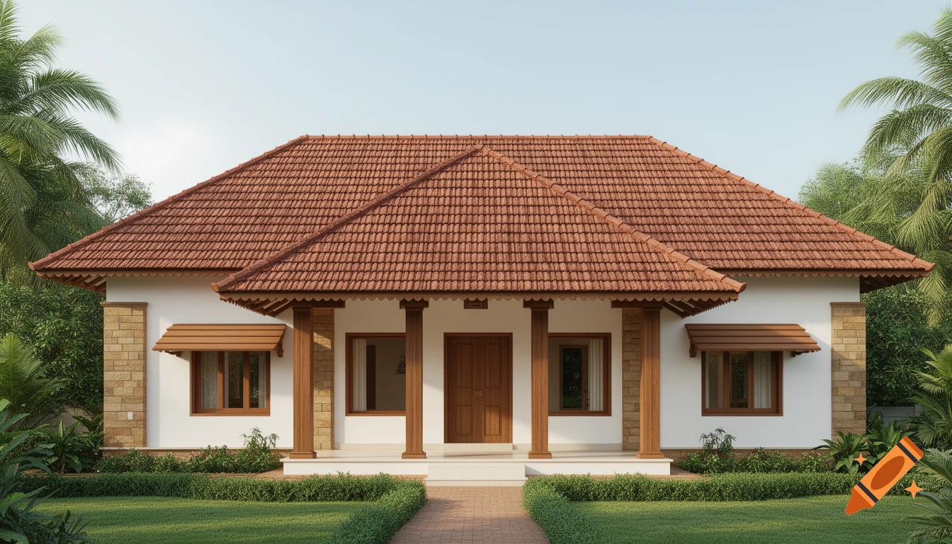 A photorealistic front view of a Kerala-style house with a red tiled roof, white walls, wooden columns, and green landscaping.
