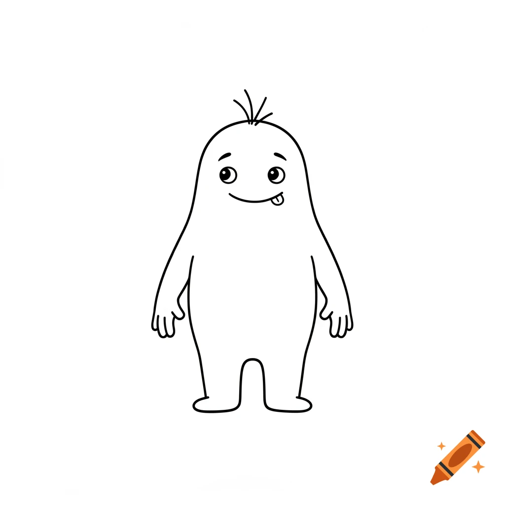 Black and white line drawing of a cute, simple, blob-like cartoon mascot with three hairs on its head and its tongue sticking out.