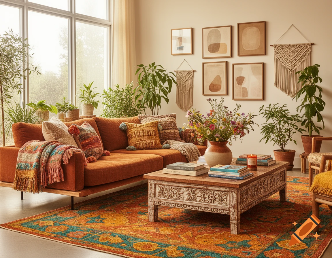 A photorealistic image of a bohemian-style living room with a burnt orange sofa, patterned rug, many plants, and a rustic coffee table.