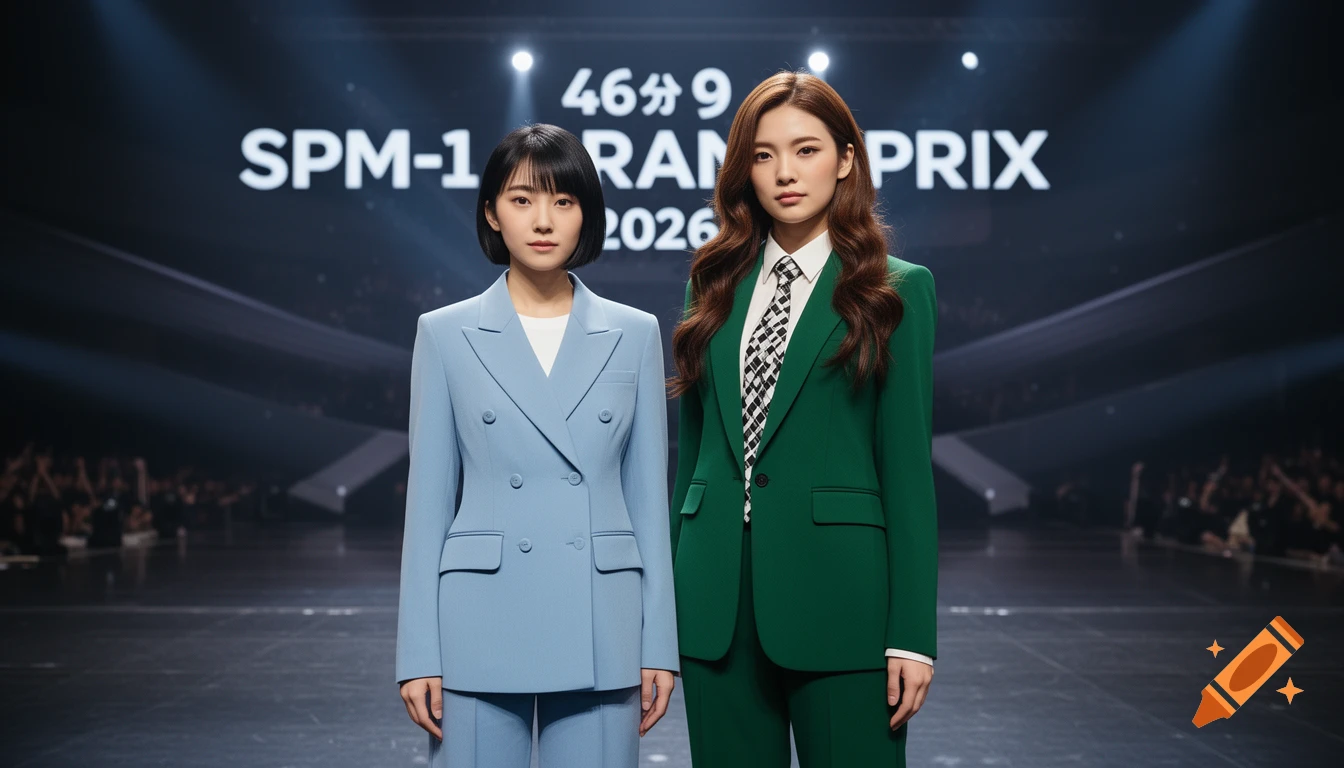 Two young women in suits stand on a stage with a screen displaying text. The left woman wears a light-blue double-breasted suit, the right a green suit with a checkered tie.