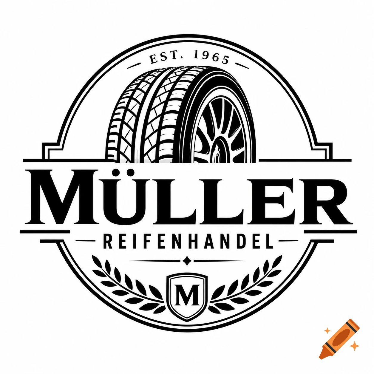 Black and white logo for Müller Reifenhandel, featuring a tire, 'EST. 1965', and an 'M' in a shield.