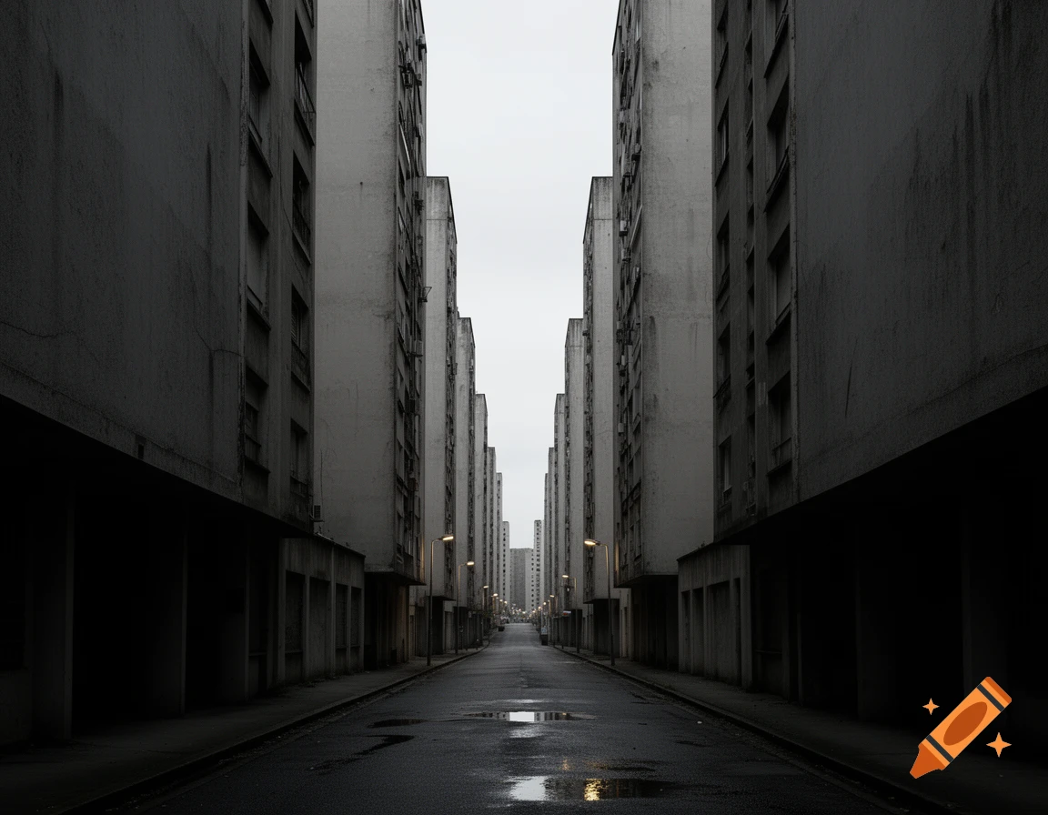A narrow, dark street stretches between two rows of tall, stark concrete apartment buildings under an overcast sky.