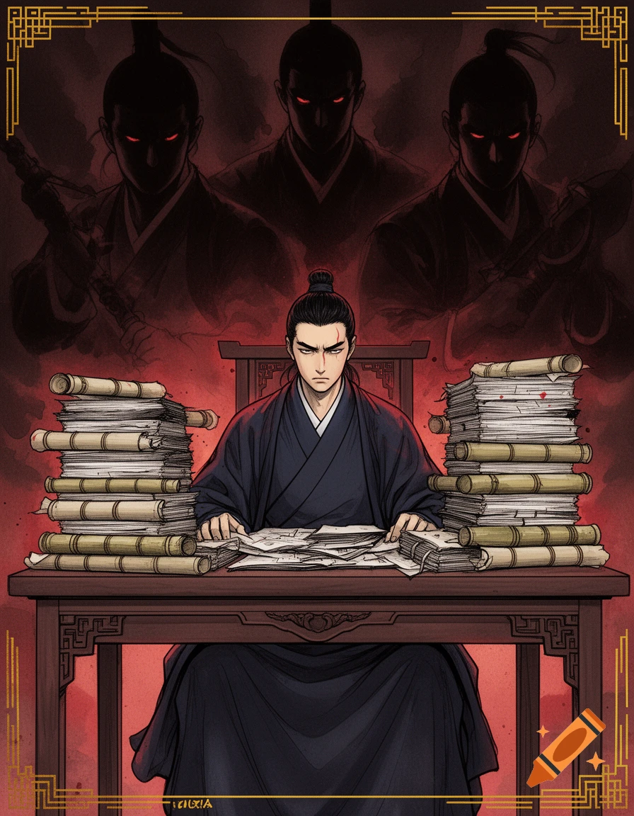 An exhausted male scholar in dark robes sits at a desk buried under scrolls, with shadowy martial artists lurking behind him, in a dramatic manhwa art style.