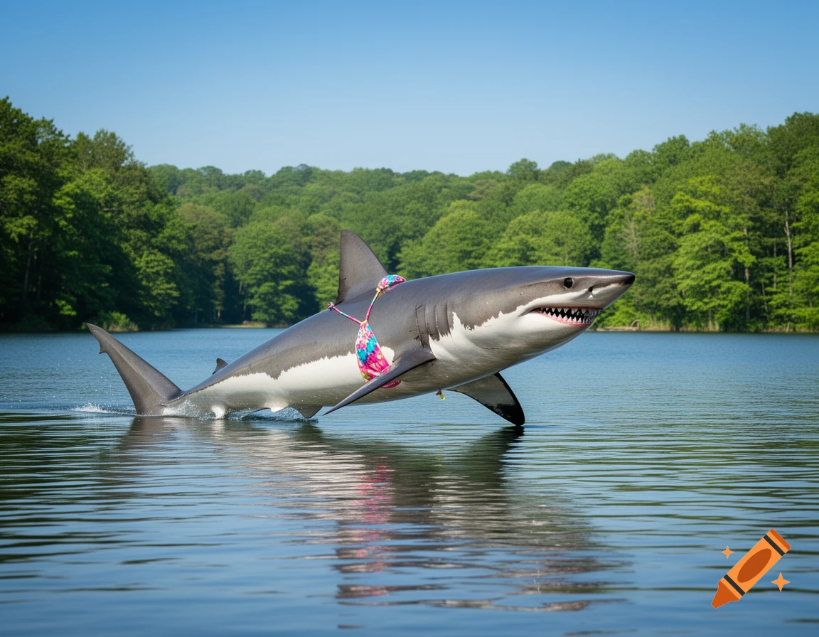 A photorealistic great white shark wearing a colorful bikini emerges from a lake with a forest backdrop under a blue sky.