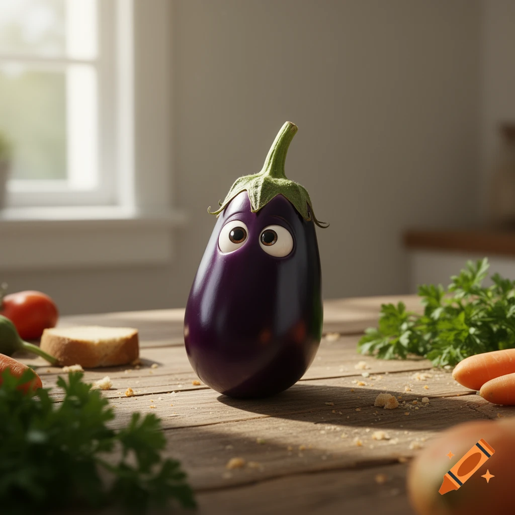 A cute, anthropomorphic eggplant with wide eyes stands on a wooden kitchen table, surrounded by vegetables and crumbs.