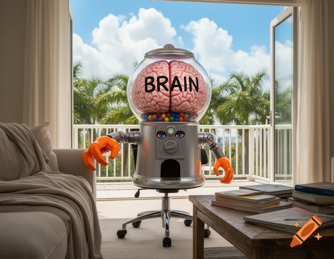 A realistic gumball machine robot with a brain inside and 'BRAIN' written on it, stands in a living room with a balcony overlooking palm trees.