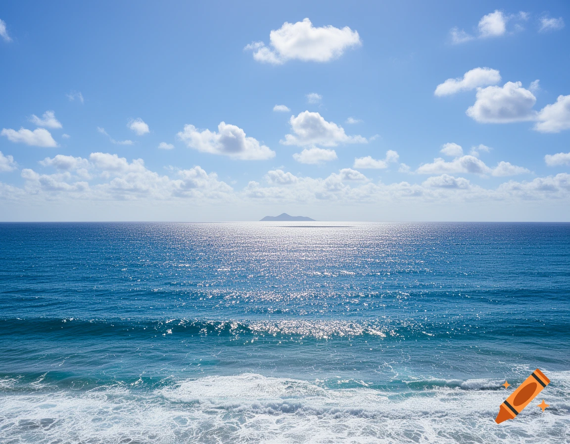 A calm blue ocean under a partly cloudy sky, with sunlight glinting on the water and a small island on the horizon.