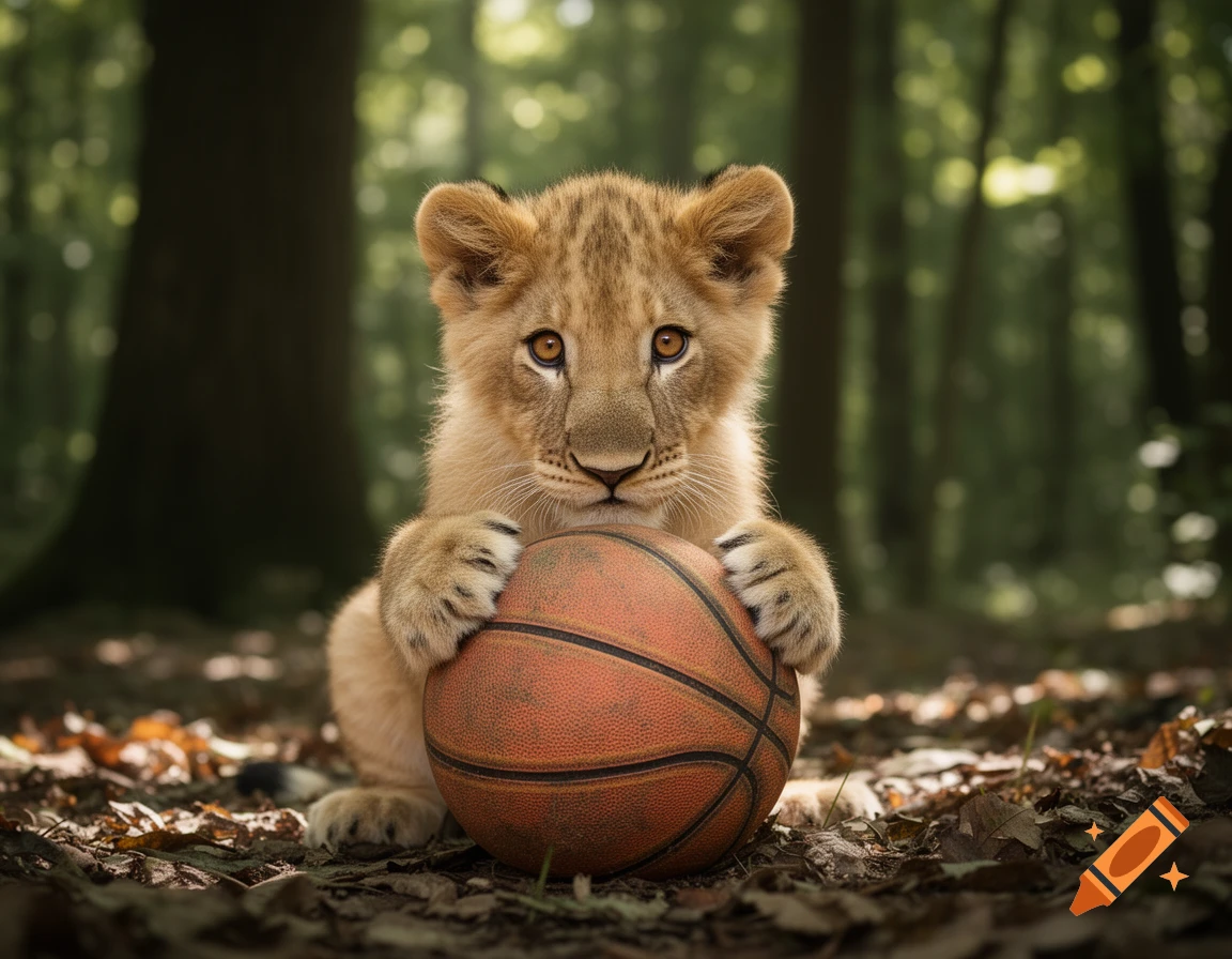 Photorealistic image of a cute lion cub sitting on the forest floor, gently holding a basketball with its paws, bokeh background.