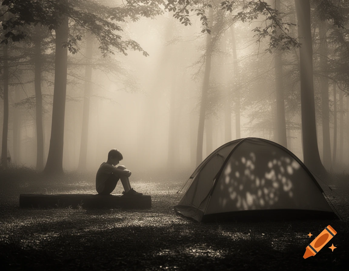 A teenager sits curled on a log next to a tent in a sepia-toned, foggy forest with light beams, creating a moody atmosphere.
