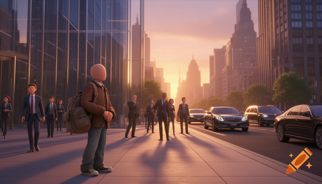 A faceless man with a backpack on a city street at sunrise, with business people and luxury cars in cinematic 3D animation style.